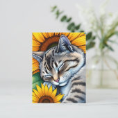 Sweet Napping Gray Cat and Sunflower ポストカード (スタンド正面)