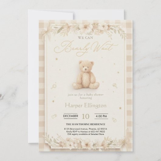 Sweet Neutral Teddy Bear Baby Shower Invite 招待状 (正面)