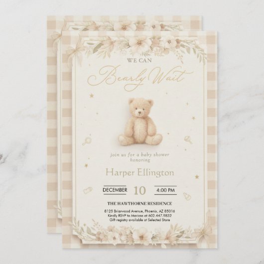 Sweet Neutral Teddy Bear Baby Shower Invite 招待状 (正面/裏面)