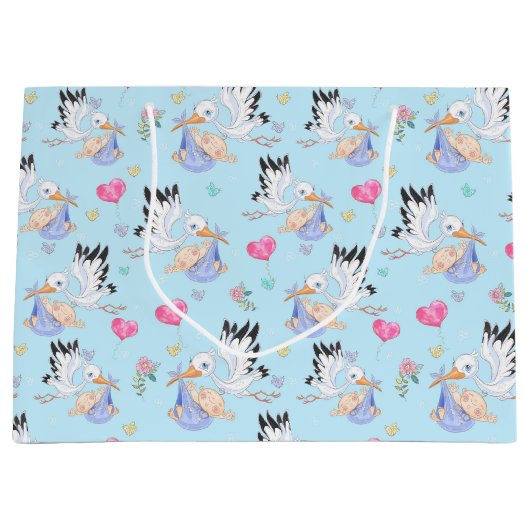 Sweet New Baby Boy and Stork  ラージペーパーバッグ (正面)