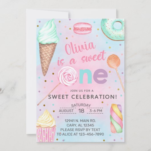 Sweet One女の子が最初に、1番目の誕生日の招待。請求書 招待状 (正面)