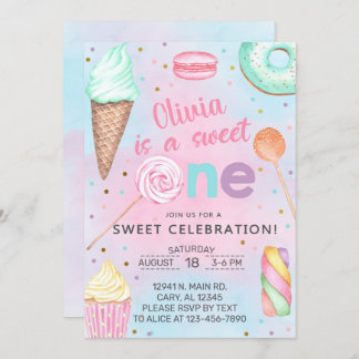 Sweet One女の子が最初に、1番目の誕生日の招待。請求書 招待状