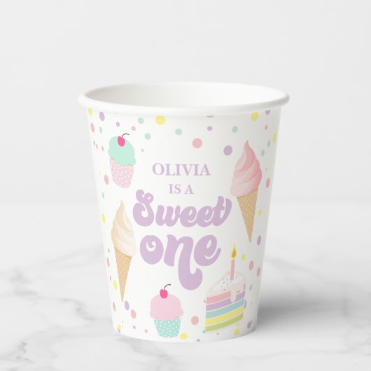 Sweet One アイスクリームとケーキ 1歳の誕生日 紙コップ (正面)