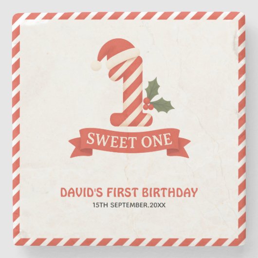 Sweet One クリスマス 1歳の誕生日招待状 ストーンコースター (正面)