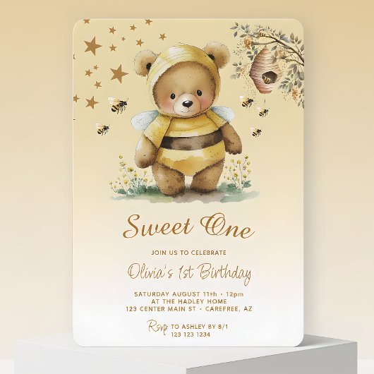 Sweet One ハニー ベア ガール 1歳の誕生日 招待状