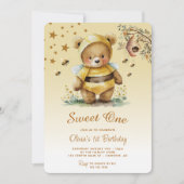 Sweet One ハニー ベア ガール 1歳の誕生日 招待状 (正面)