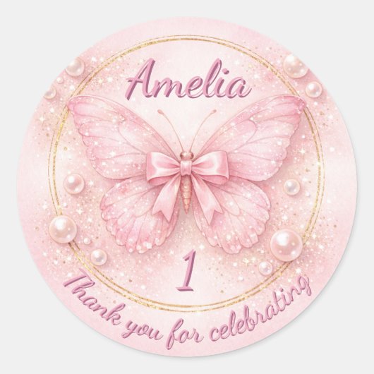Sweet One ピンクの蝶々 1歳の誕生日　御礼 ラウンドシール (正面)