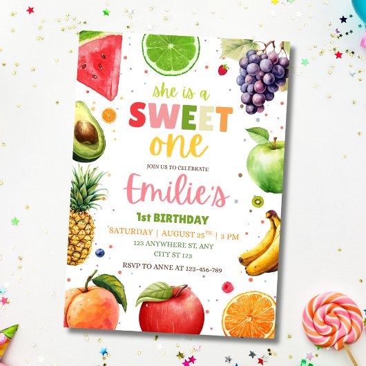 Sweet One フルーツ 1歳の誕生日 女の子 サマー パーティー 招待状