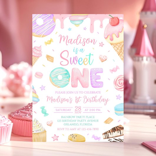 Sweet One 1歳ドーナツテーマ誕生日招待状 招待状