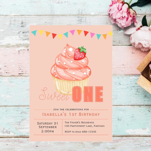 Sweet ONE, 1st birthdayパーティーカップケーキの招待 招待状
