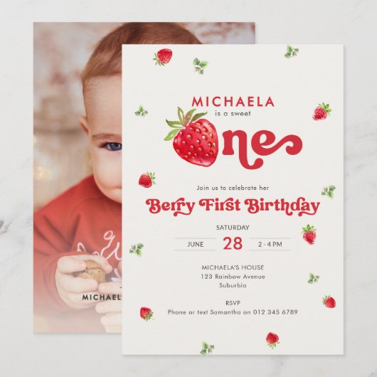 Sweet One Berry First Birthday Strawberry Photo 招待状 (正面/裏面)