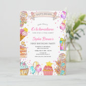 Sweet One Cake, Balloon Theme Girl 1st Birthday  招待状 (スタンド正面)