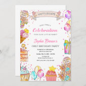 Sweet One Cake, Balloon Theme Girl 1st Birthday  招待状 (正面/裏面)