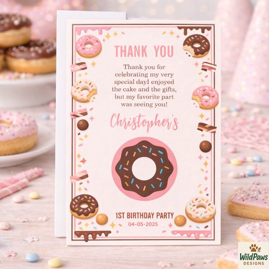 Sweet One Donut 1st Birthday Party | Cute Donut サンキューカード