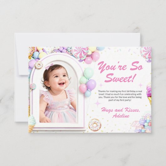 Sweet One First Birthday Thank You Card with photo サンキューカード (正面)