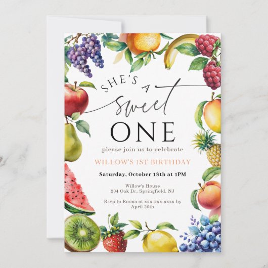 Sweet One First fruit Strawberry Citrus Birthday 招待状 (正面)