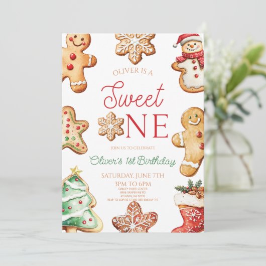 Sweet One Gingerbread Cookie 1st Birthday Party 招待状 (スタンド正面)