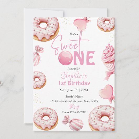 Sweet One Girl 1歳の誕生日 招待状 (正面)