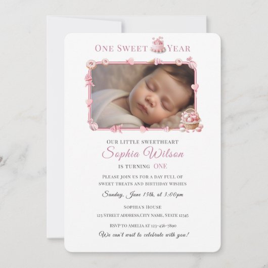 Sweet One Girl 1st Birthday Invitation with Photo 招待状 (正面)