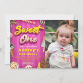 Sweet One - Girl 1st Birthday with Photo 招待状 (正面)