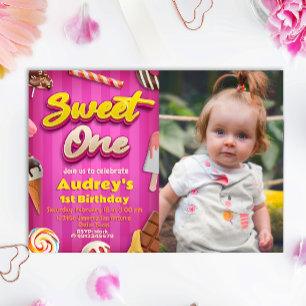 Sweet One - Girl 1st Birthday with Photo 招待状