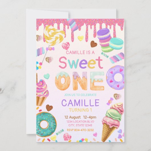 Sweet One Girl Birthday invitation 招待状 (正面)