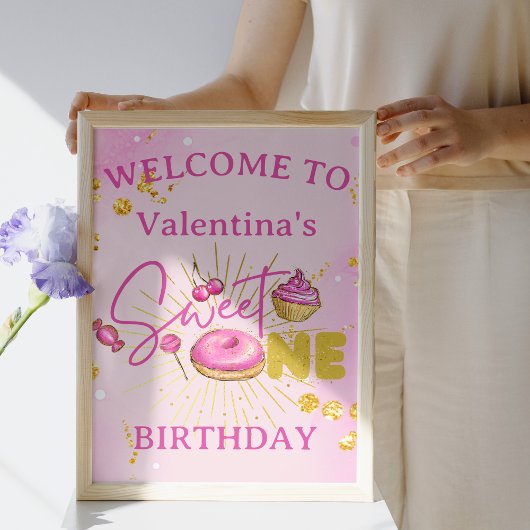 Sweet One Girl's 1st Birthday Sweets Welcome Sign ポスター