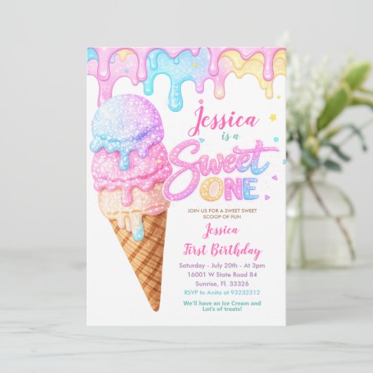 Sweet One Ice Cream Pastel Glitter Birthday  招待状 (スタンド正面)