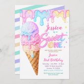 Sweet One Ice Cream Pastel Glitter Birthday  招待状 (正面/裏面)