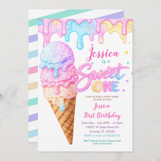 Sweet One Ice Cream Pastel Glitter Birthday  招待状 (正面/裏面)