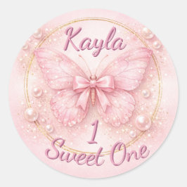 Sweet One Pink Butterfly 1st Birthday  ラウンドシール