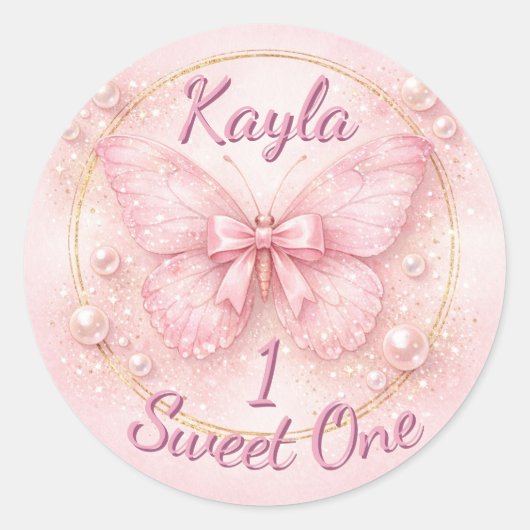 Sweet One Pink Butterfly 1st Birthday ラウンドシール (正面)