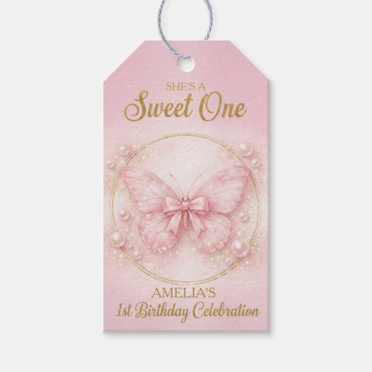 Sweet One Pink Butterfly 1st Birthday Girl  ギフトタグ (正面)