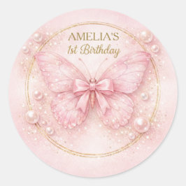 Sweet One Pink Butterfly 1st Birthday Girl Sticker ラウンドシール