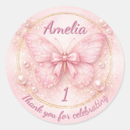Sweet One Pink Butterfly 1st Birthday Thank You ラウンドシール