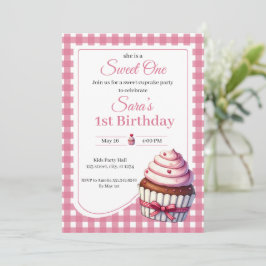 Sweet One Pink Cupcake Girl 1st Birthday Party  招待状