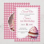Sweet One Pink Cupcake Girl 1st Birthday Party  招待状 (正面/裏面)