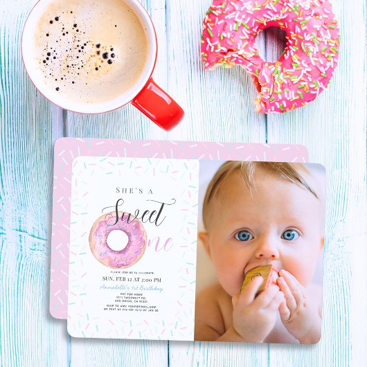 Sweet One Pink Donut Girl写真1st Birthday 招待状