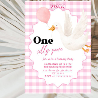 Sweet ONE Silly Goose Baby Girl 1st Birthday Party 招待状