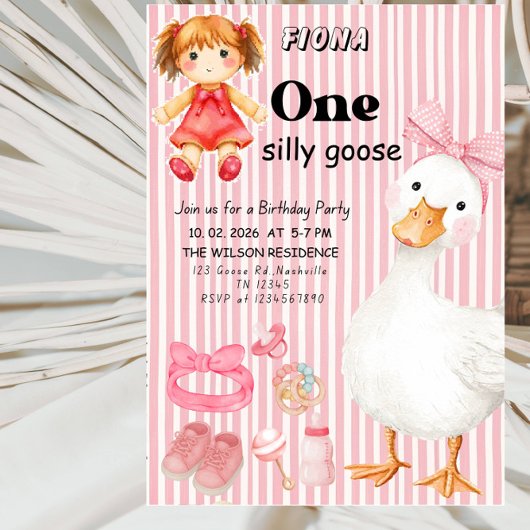 Sweet ONE Silly Goose Baby Girl 1st Birthday Party 招待状
