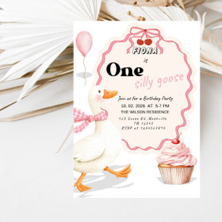 Sweet ONE Silly Goose Baby Girl 1st Birthday Party 招待状