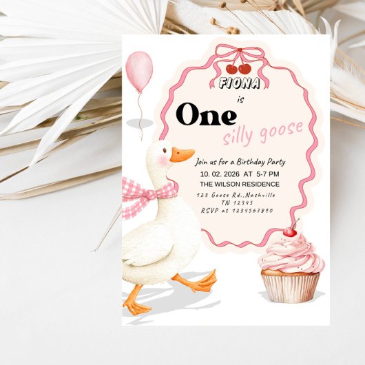 Sweet ONE Silly Goose Baby Girl 1st Birthday Party 招待状
