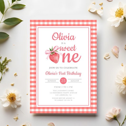 Sweet One Strawberry 1st Birthday 招待状