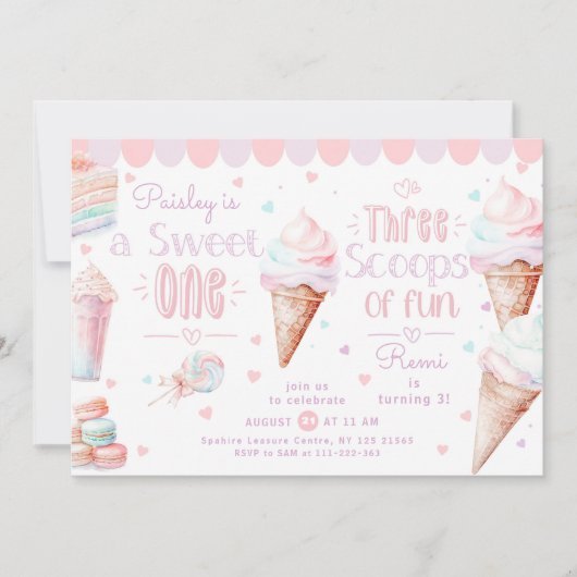  Sweet One Three Schoops of Fun joint Birthday 招待状 (正面)