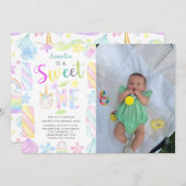 Sweet One Unicorn Sweets写真1歳 招待状 (正面/裏面)