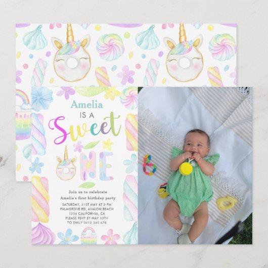 Sweet One Unicorn Sweets写真1歳 招待状 (正面/裏面)
