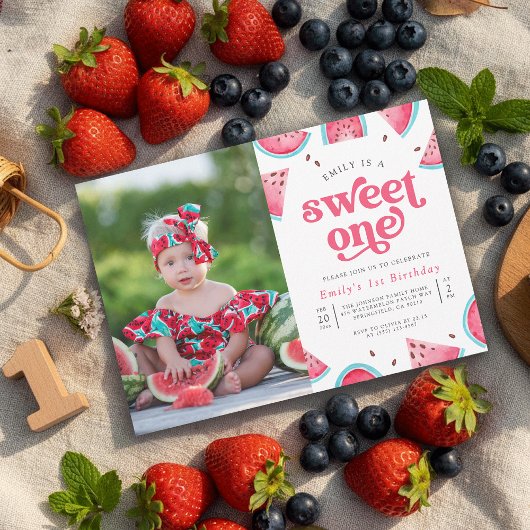 Sweet One Watermelon Girls Photo 1st Birthday 招待状