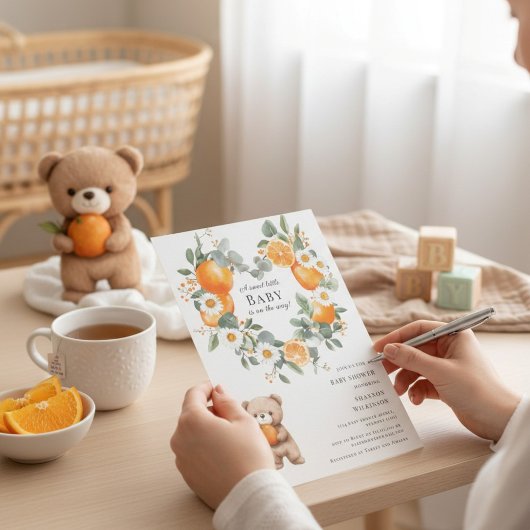 Sweet Orange Daisy Bear Baby Shower Invitation 招待状