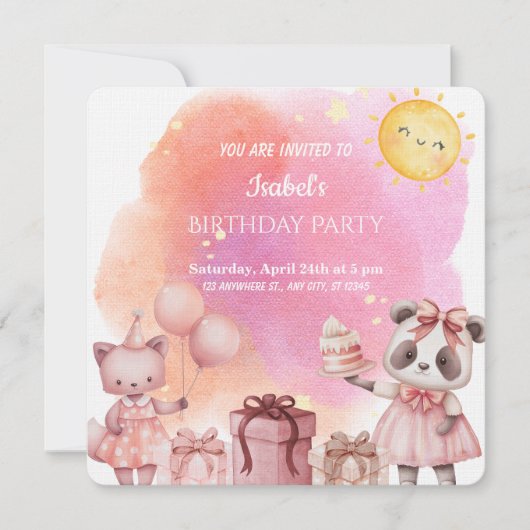 Sweet Pastel Animal Birthday Party Invitation 招待状 (正面)