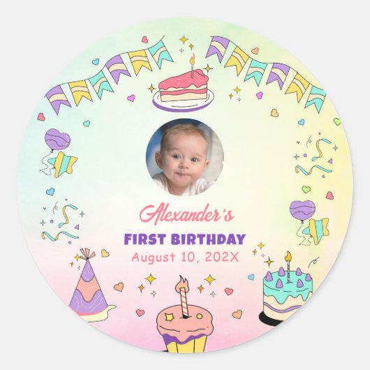 Sweet Pastel Baby Boy 1st Birthday Photo ラウンドシール (正面)